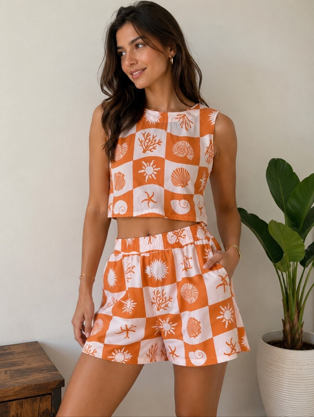 Orange & White Marine Pattern Crop Top Only. Size Small